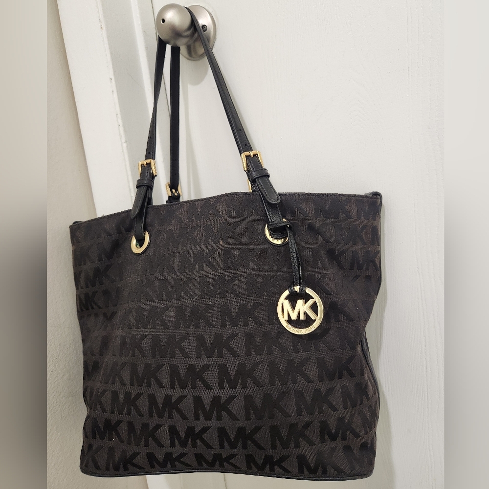 Michael Kors Black Canvas Tote Bag, Gold Hardware With Leather Straps